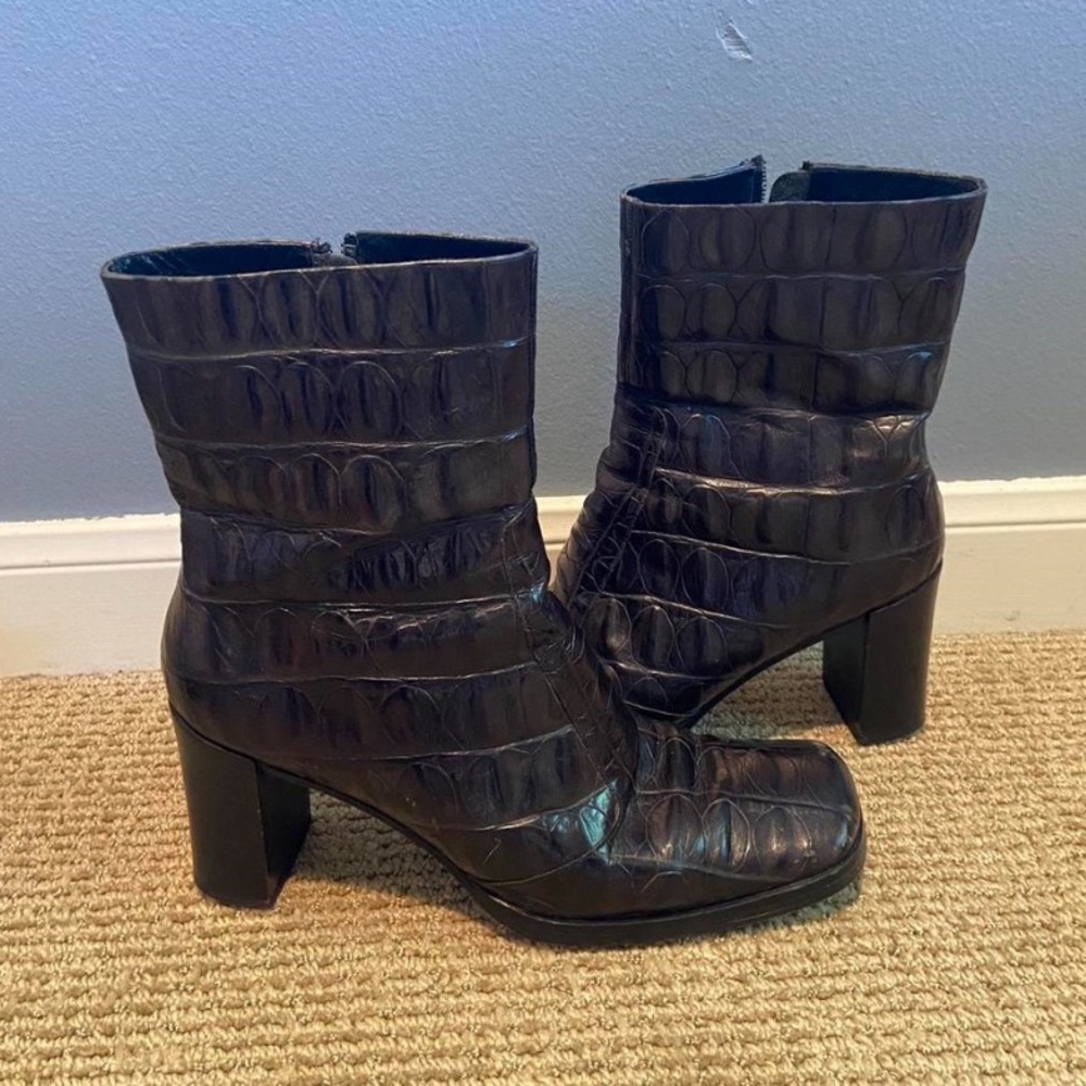 Via Spiga women’s Sahira Croc Embossed leather heeled square toe boots